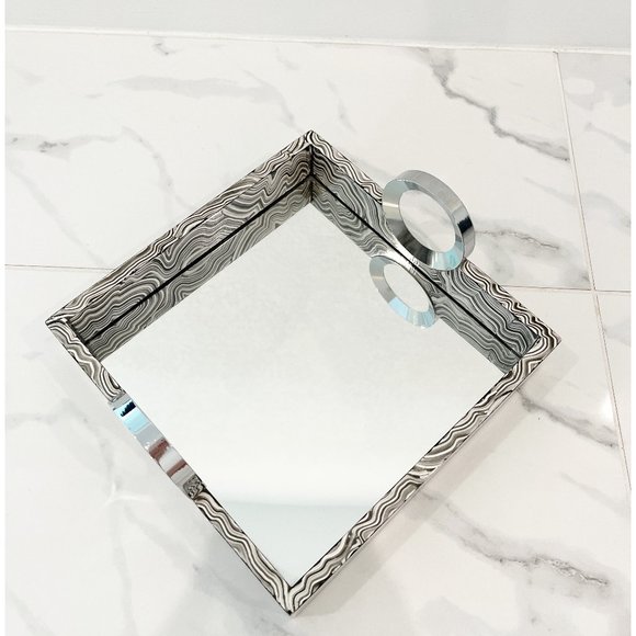 Square Black White Silver Geometric Contemporary Design Tray - Picture 3 of 8